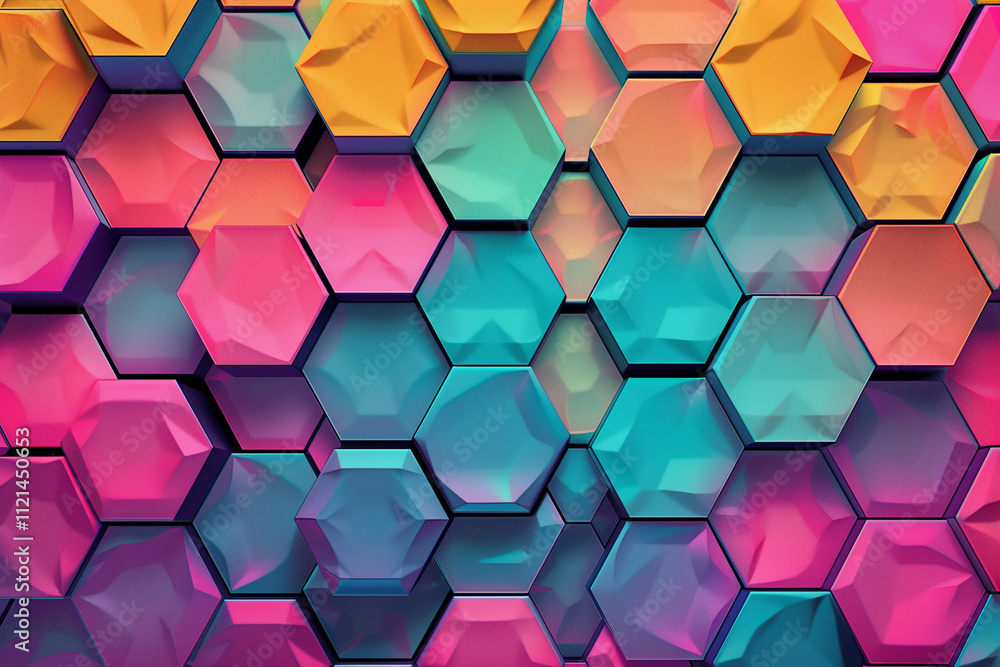 Poster colorful hexagonal tiles with subtle gradients, arranged in a dynamic honeycomb pattern.