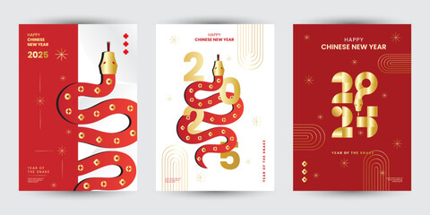 Set of 2025 Chinese new year modern art poster, year of the snake for cover, greeting card, banner template design with modern geometric style snakes on colourful, red background. Chinese zodiac