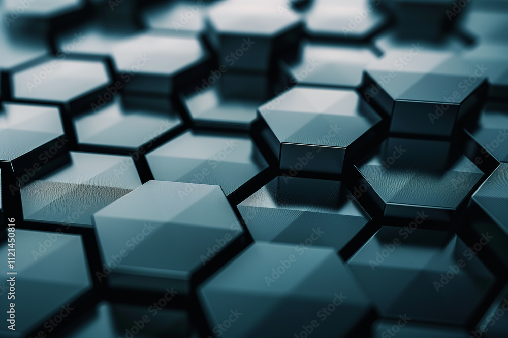 Poster overlapping hexagons with soft shadows and metallic textures, offering a futuristic and minimalist d