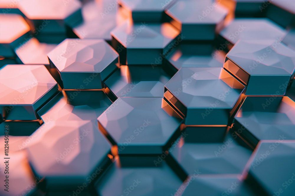 Poster overlapping hexagons with soft shadows and metallic textures, offering a futuristic and minimalist d