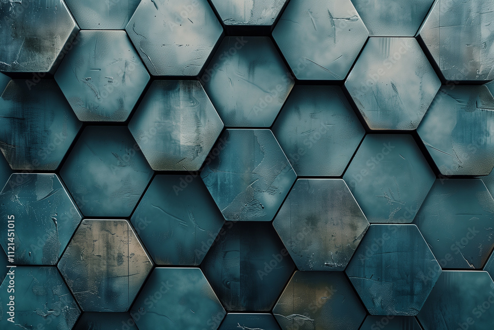Poster overlapping hexagons with soft shadows and metallic textures, offering a futuristic and minimalist d