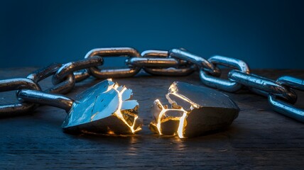 Broken chains with glowing cracks on dark background