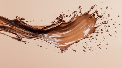 Mocha mousse cascades dramatically, creating splashes and droplets against a soft, neutral background, embodying rich texture and flavor