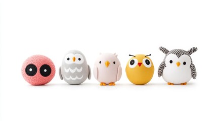 Obraz premium Adorable Collection of Colorful and Cute Owl Figurines Displayed on a White Background, Perfect for Home Decor or Children's Room Inspiration