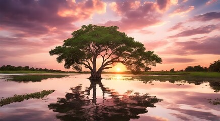 Hermoso paisaje de atardecer en un manglar con arbol reflejado en el agua y las raices a la vista, sobre fondo de cielo rosado con nubes