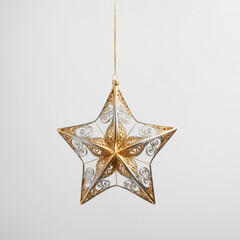Fototapeta premium Single Gold and Silver Christmas Star Ornament on White Background