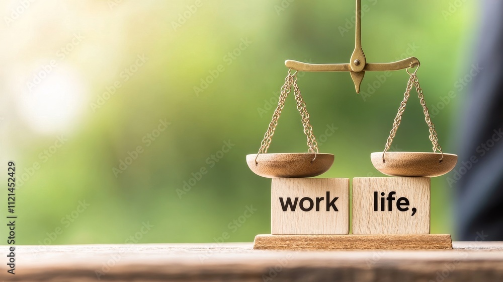 Aufkleber balancing work and life on a scale with wooden blocks representing professional and personal priorit