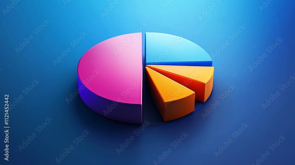 Poster colorful 3d pie chart on blue background representing data segments