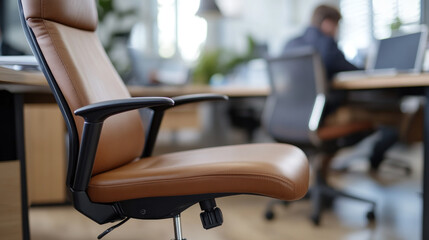 Brown office chair with back and armrests, business concept and power