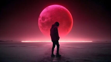 Solitary figure under a glowing red moon in a surreal landscape
