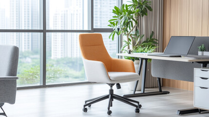 Fototapeta premium Colorful office chair with back and armrests, business concept and power