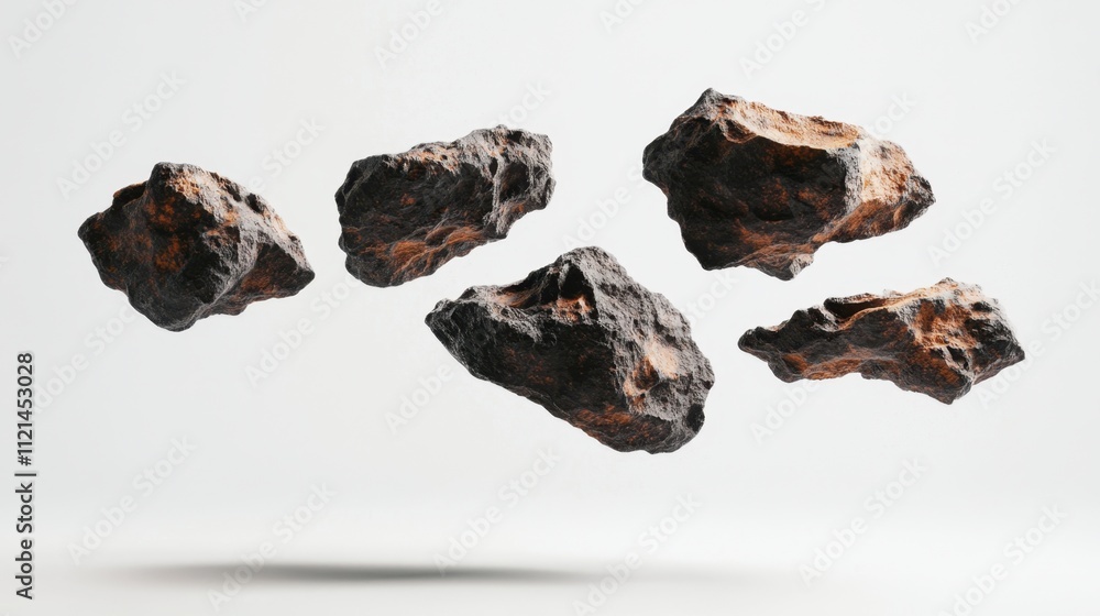 Aufkleber cluster of detailed meteorite rocks with natural textures floating on a minimalistic white backgroun