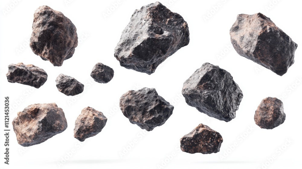 Aufkleber cluster of detailed meteorite rocks with natural textures floating on a minimalistic white backgroun