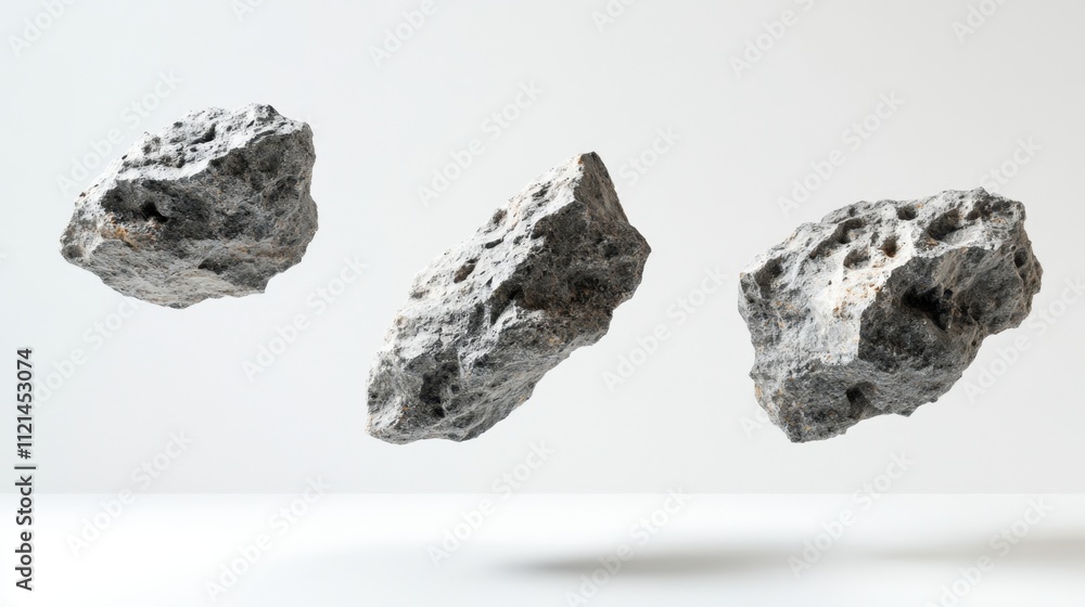 Aufkleber cluster of detailed meteorite rocks with natural textures floating on a minimalistic white backgroun