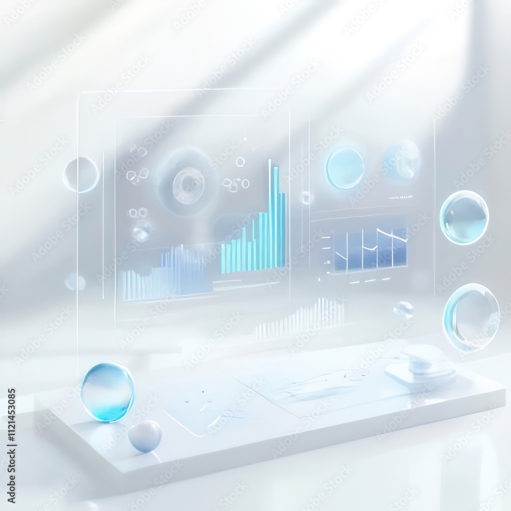 Poster holographic display showing charts and graphs on a tablet.