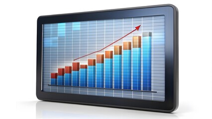 A bar graph on a digital screen, isolated on a white background, displaying data trends and statistics, perfect for presentations, business analysis, and financial reporting