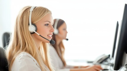 Support agent assisting clients in call center environment during busy work hours