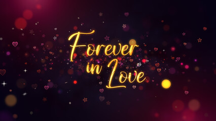 Golden Forever in Love text glows amidst radiant hearts, stars, and bokeh on a dreamy red background, creating a romantic and elegant atmosphere.