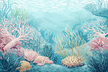 Coral reef with diverse coral formations, softly swaying seaweed, and a serene blue backdrop.