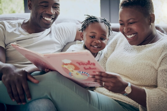 Black family, home and reading story book with kid, fairytale and support toddler in education. Love, parents and listening to fantasy literature in lounge, learning language and bonding together