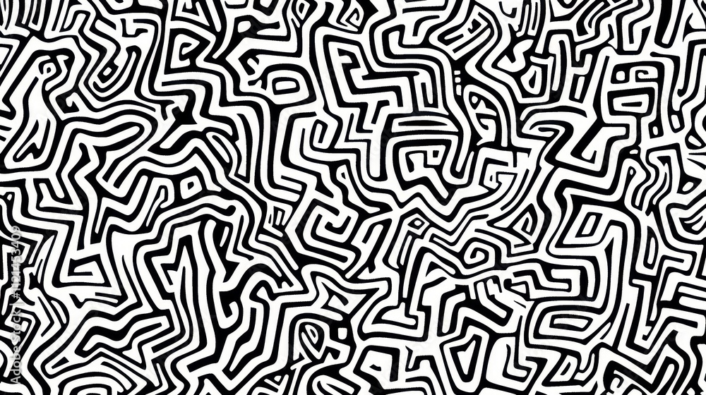 Poster complex abstract black and white wavy line pattern forming a continuous maze-like design