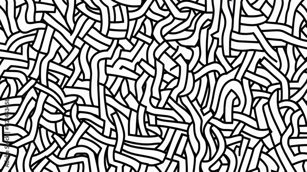 Poster complex abstract black and white wavy line pattern forming a continuous maze-like design