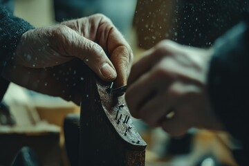 Craftsmanship unfolds as skilled hands work meticulously on a boot in a workshop, surrounded by tools and love for the craft.