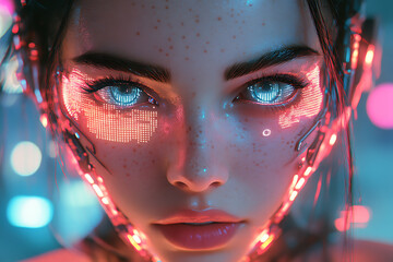 An anime-style cyborg girl in futuristic cosplay, set against a neon-lit cyberpunk synthwave background, showcasing advanced technology.
