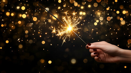 Female hand holding a sparkler with golden bokeh lights in the background.