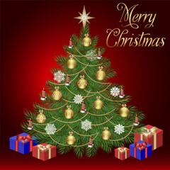 Christmas tree with bright decorations.Colored illustration with a green Christmas tree, decorations and gifts.