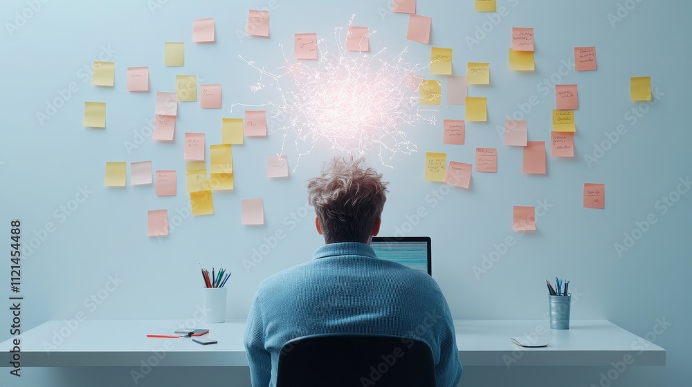 Poster creative brainstorming session in a modern office with colorful sticky notes and an inspiration spar