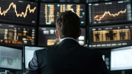 Fototapeta premium Trader Monitoring Stock Market Charts and Data in Real Time at Financial Trading Desk