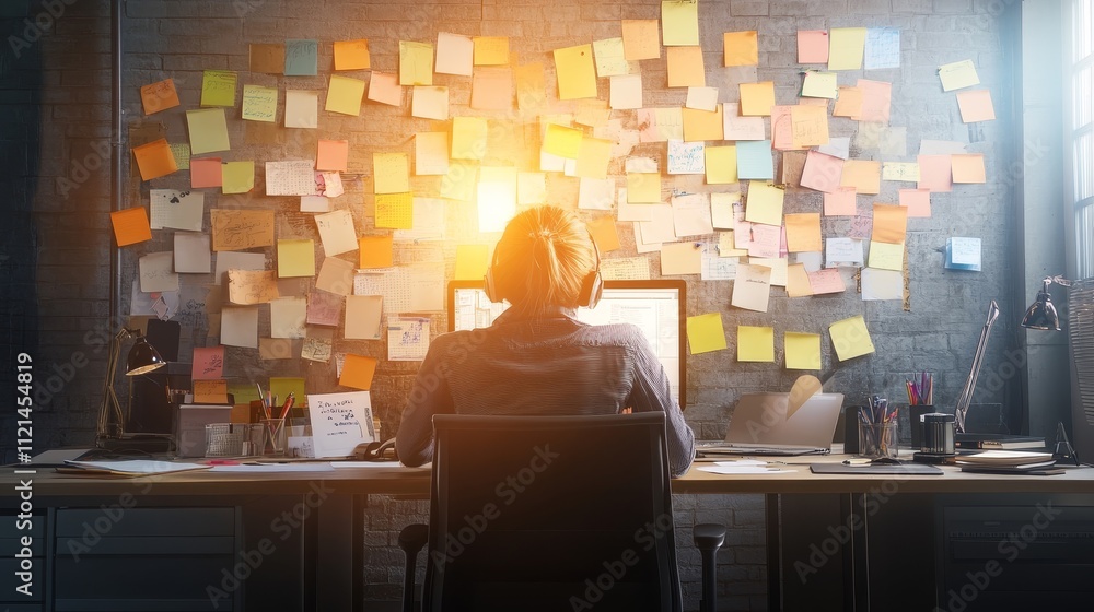 Poster creative workspace with vibrant sticky notes on a wall behind a focused individual working on a comp