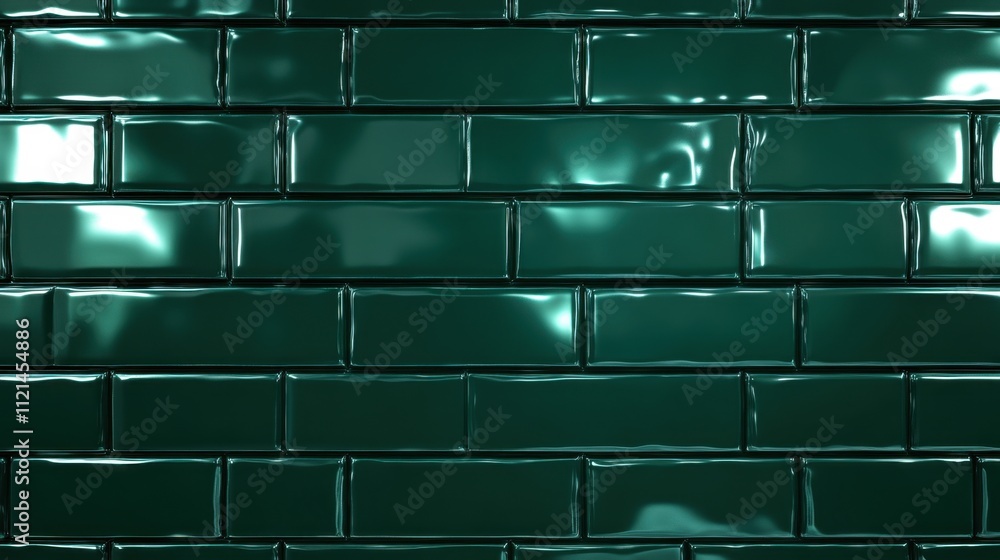 Poster dark green subway tiles with seamless pattern and shiny texture, creating a modern wall background