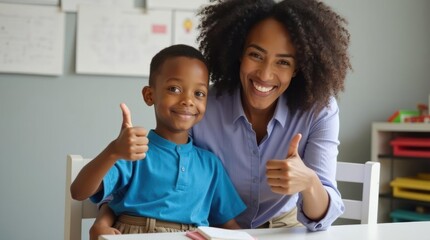 Mother and Son Celebrate Learning Success With Thumbs up at Home School Setting