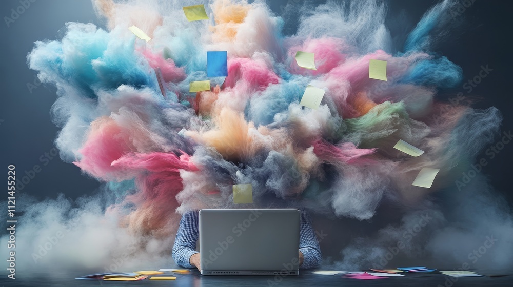 Poster creative explosion of ideas in a digital workspace with colorful smoke and sticky notes surrounding 