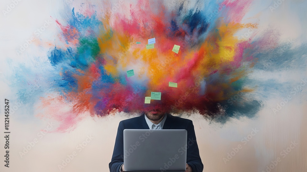 Aufkleber creative mind explosion with colorful abstract patterns and sticky notes symbolizing ideas, thoughts