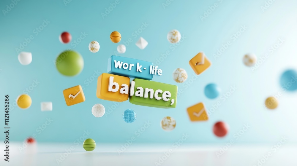 Poster colorful concept of work-life balance with floating geometric shapes and messages representing produ