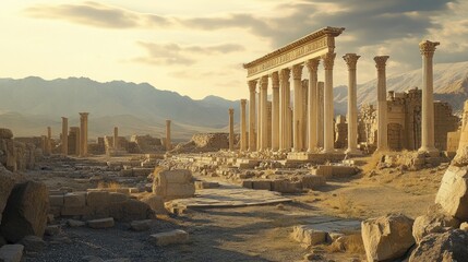 Obraz premium Ancient Palmyra Ruins at Sunset: A Glimpse into Syrian History