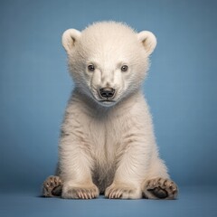 Fototapeta premium Adorable Polar Bear Cub Sitting Gracefully on Light Blue Background