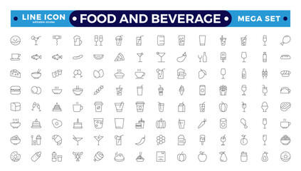 Food and Beverage outline icon set. Containing fork, spoon, knife, plate, cloche, tray, chef hat, beverage, food, dining table, and waiter.  Editable stroke outline icon.