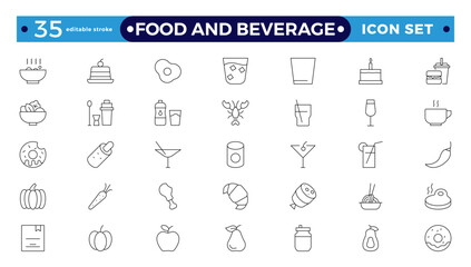Food and Beverage outline icon set. Containing fork, spoon, knife, plate, cloche, tray, chef hat, beverage, food, dining table, and waiter.  Editable stroke outline icon.