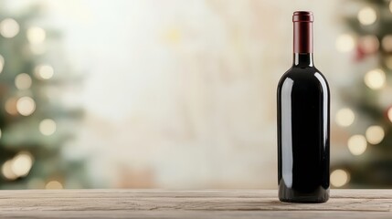 Cozy wine tasting setting with blurred festive background and elegant blank bottle