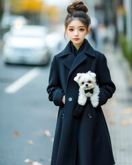 Cute japanese girl walking in a coat in the street with a bichon maltese dog with a bow tie in her arms