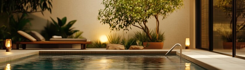 Obraz premium Serene Oasis: A Tranquil Backyard Retreat with a Shimmering Pool