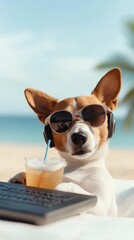 Dog relaxes on beach lounger while enjoying a tropical drink in sunny weather