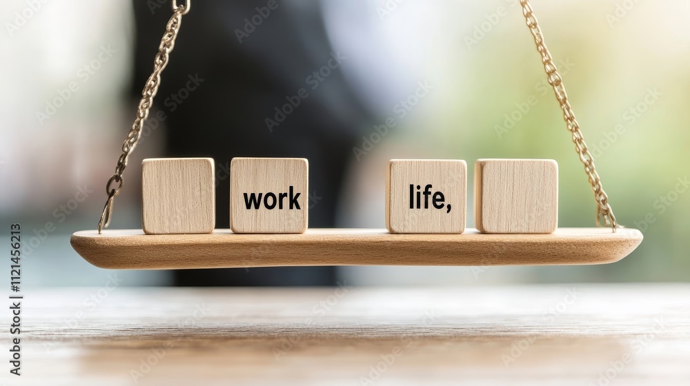 Aufkleber balancing work and life concept with wooden blocks on a scale surrounded by a blurred background of 