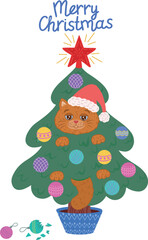 A domestic cat is sitting on a Christmas tree