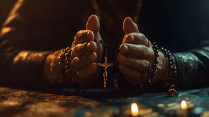 Scene of both hands praying while holding a rosary