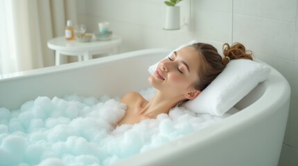 Obraz premium Relaxing Bubble Bath Experience in a Serene White-Blue Bathroom Setting